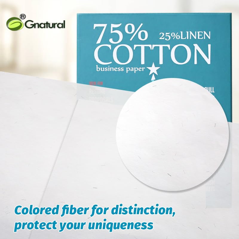 gnatural 75% قطن 25% كتان ورق، 85 جرام لكل متر مربع ورق طباعة نفاثة للحبر، 8.5"x11" ورق سيرة ذاتية أبيض، 100 ورقة لن تتبلل ورق قطن - Image 2